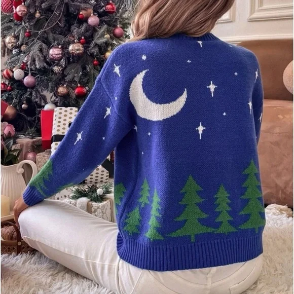 New blue fall winter moon scene sweater